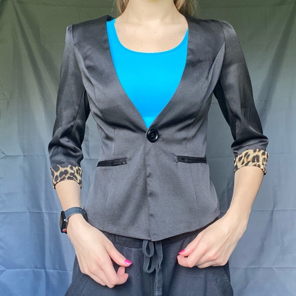 New Love Culture Small Black Blazer Suit Jacket W/ Cheetah Details And Scarf - Picture 4 of 9